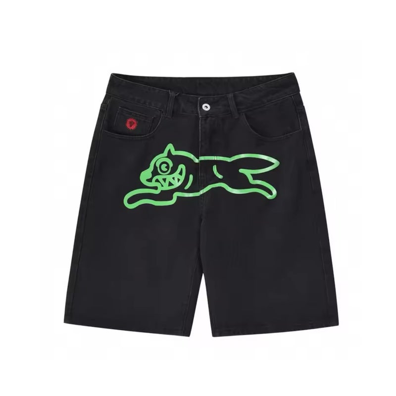 2024 Cross-border AliExpress European and American Flying Dog Printed Denim Shorts Mens High Street Trendy Ins Casual Fashion Pants Black green dog 