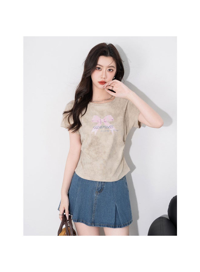 Hstyle Tie-dye Asymmetrical Design Slim-fit Waist-pinched Ruffled Flattering Women's Top T-shirt Summer Short Sleeve - Image 2