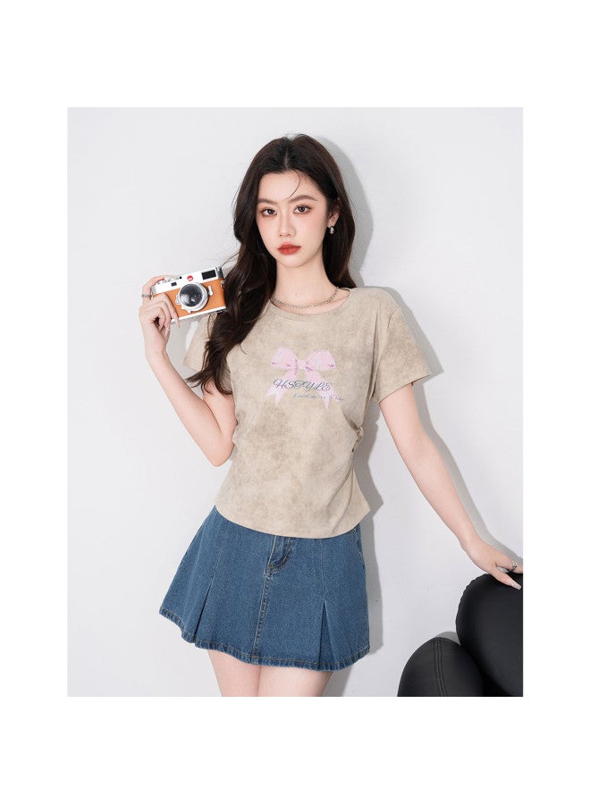 Hstyle Tie-dye Asymmetrical Design Slim-fit Waist-pinched Ruffled Flattering Women's Top T-shirt Summer Short Sleeve - Image 4