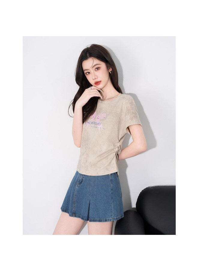 Hstyle Tie-dye Asymmetrical Design Slim-fit Waist-pinched Ruffled Flattering Women's Top T-shirt Summer Short Sleeve - Image 3