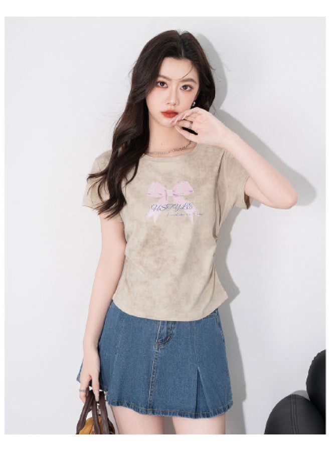 Hstyle Tie-dye Asymmetrical Design Slim-fit Waist-pinched Ruffled Flattering Women's Top T-shirt Summer Short Sleeve - Image 1