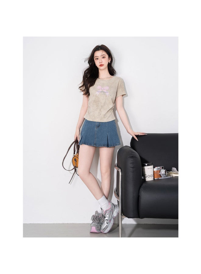 Hstyle Tie-dye Asymmetrical Design Slim-fit Waist-pinched Ruffled Flattering Women's Top T-shirt Summer Short Sleeve - Image 5