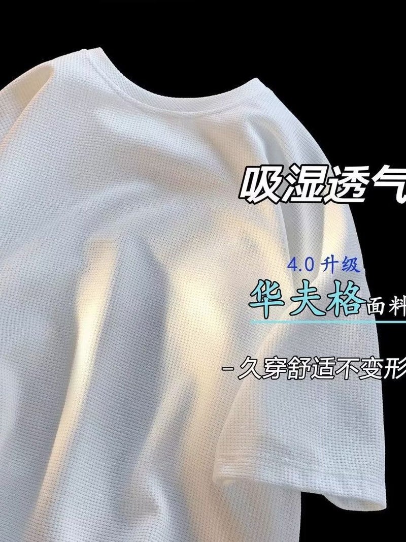 Summer waffle short sleeve T-shirt men's ins fashion brand loose heavy fake two-piece half sleeve Hong Kong style trendy couple T-shirt - Image 2