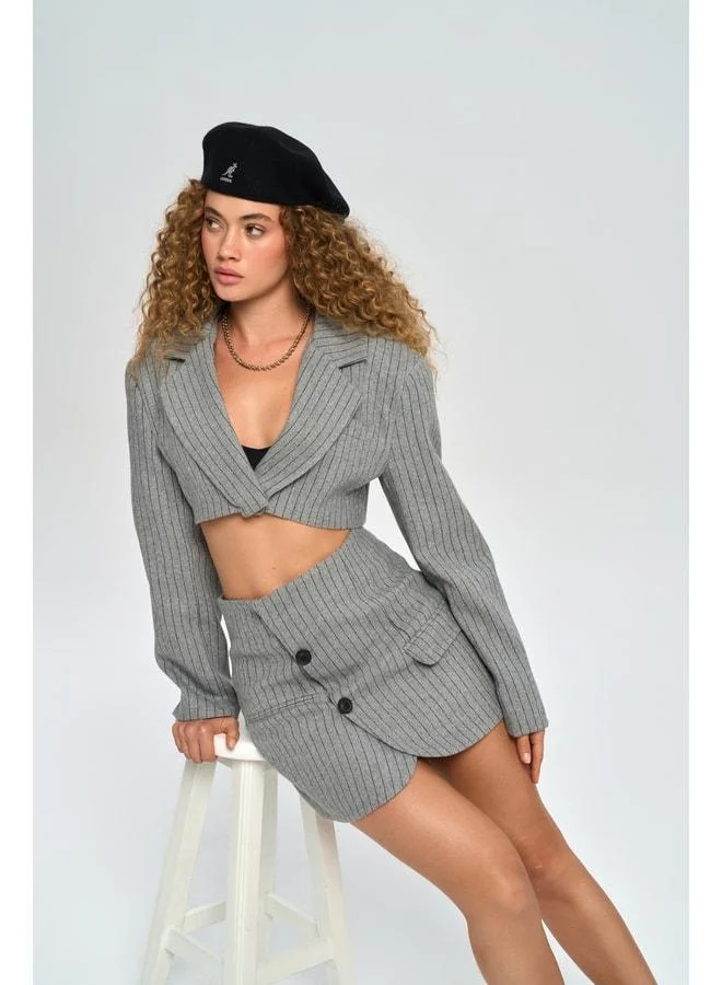 Elegant Gray Jacket-Skirt Set.