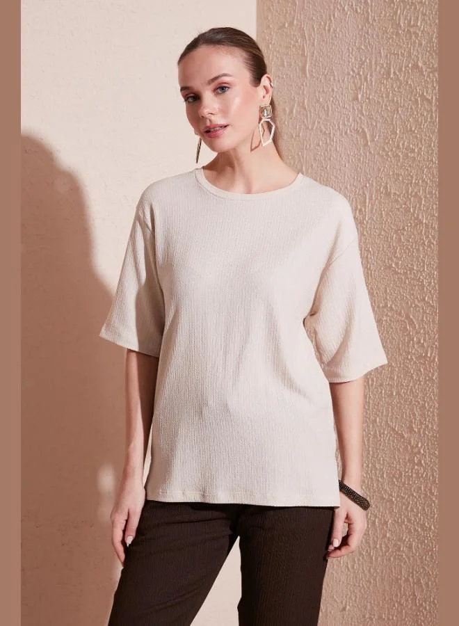 Lela Lela Crew Neck Slit Detail Crinkle Fabric Blouse Women's Blouse 5865365