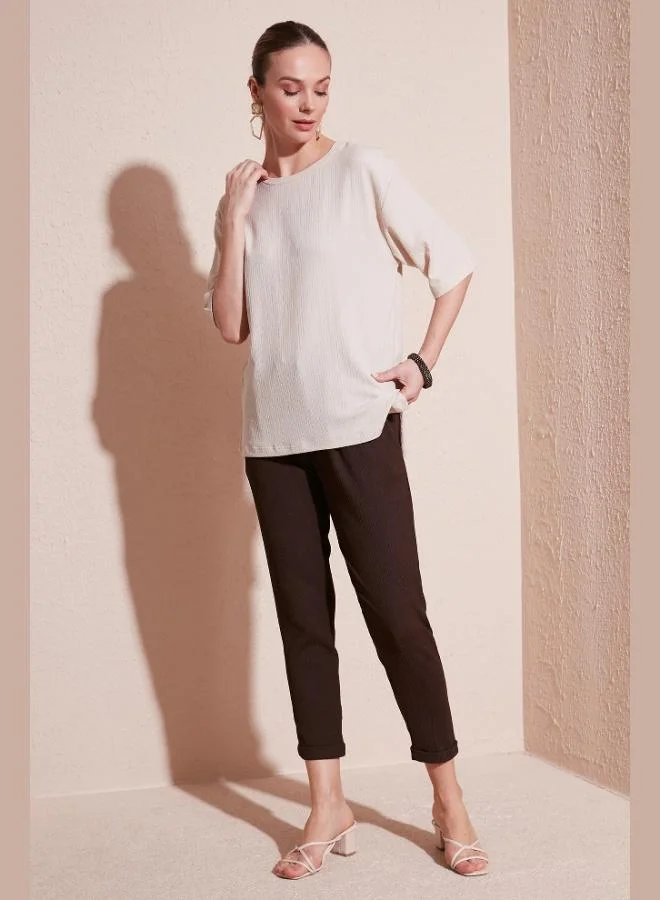 Lela Lela Crew Neck Slit Detail Crinkle Fabric Blouse Women's Blouse 5865365