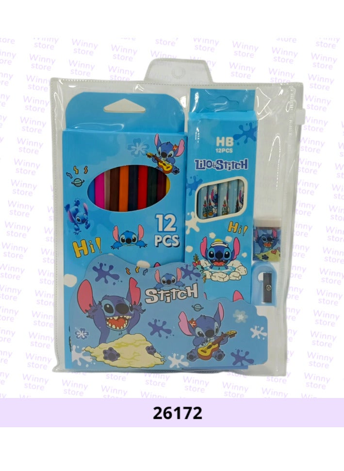 طقم ألوان ستيتش للأطفال | 24 قطعة متنوعة للرسم والتلوين | 12 مرسام+ 12أقلام تلوين مع ممحاة وبراية | أدوات مدرسية ممتعة بشخصية ستيتش الكرتونية