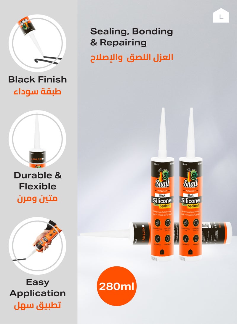 LAWAZIM Snail Silicone Sealant - 280ml Black - Waterproof Acetic Silicone Adhesive with Crack-Proof Design, No Odor, and Strong Adhesion - Ideal for Doors, Windows, Glass, Metal, and General Sealing - Image 3