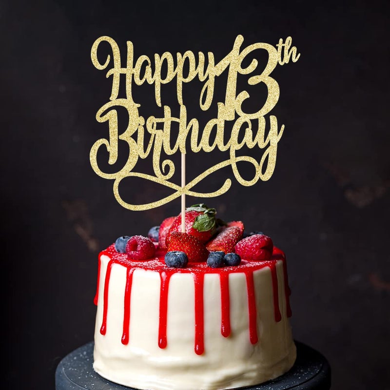 Qertesl Gold Glitter 13th Birthday Cake Topper - Cheers to 13 Years  13 Anniversary Cake Topper for Men & Women (Happy Birthday Gold  13) - Image 1