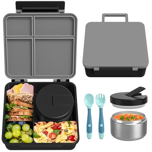 LOHASOK Bento Lunch Box with 8oz Soup Thermo, Leak-Proof Lunch Containers with 4 Compartment, Thermo Hot Food Jar and Insulated Lunch Box for School Black - Image 1