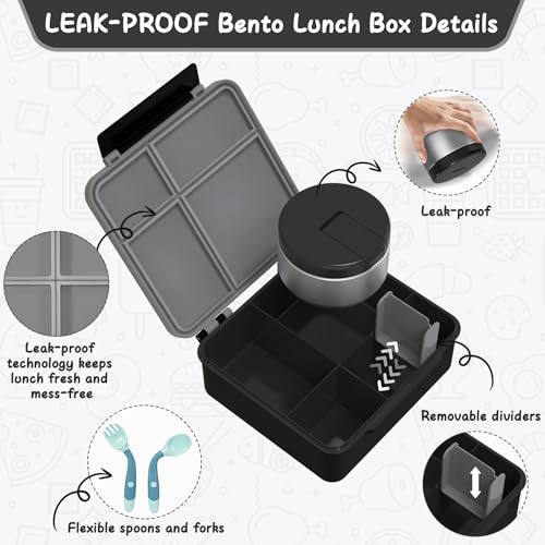 LOHASOK Bento Lunch Box with 8oz Soup Thermo, Leak-Proof Lunch Containers with 4 Compartment, Thermo Hot Food Jar and Insulated Lunch Box for School Black - Image 3