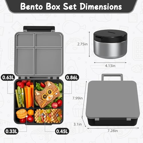 LOHASOK Bento Lunch Box with 8oz Soup Thermo, Leak-Proof Lunch Containers with 4 Compartment, Thermo Hot Food Jar and Insulated Lunch Box for School Black - Image 2