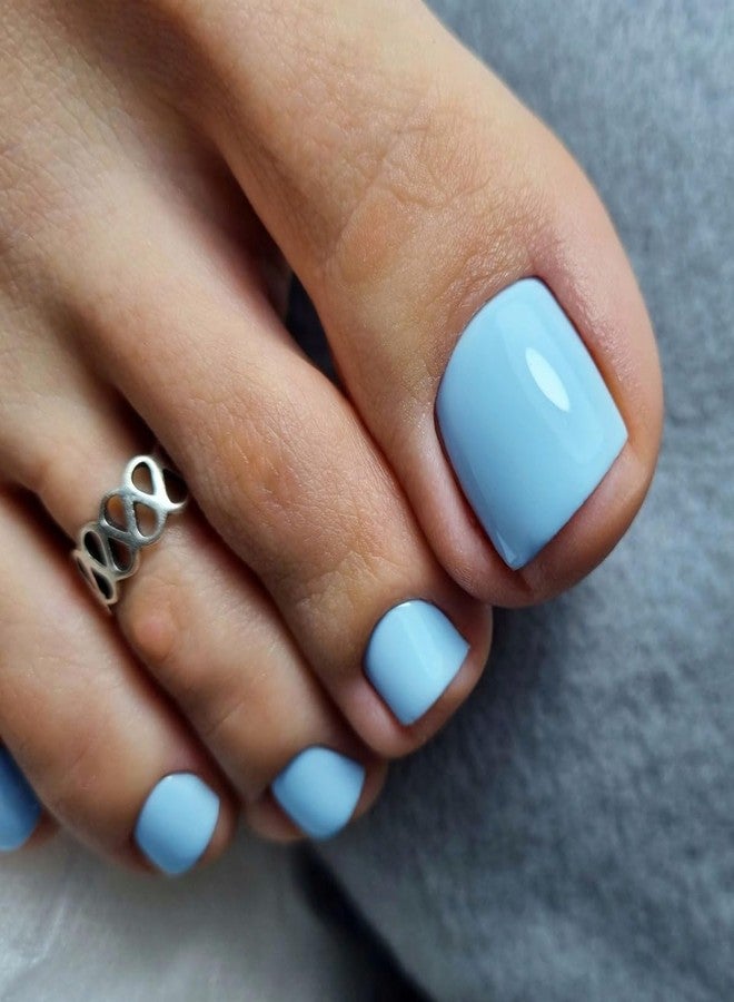 KXAMELIE Solid Color Blue Press on Toenails for Women, Glossy Fake Toenail Press ons Short Square Acrylic Press on Toe Nails, Reusable Sky Blue Toenails Glue on Natural Seamless Fit, 24Pcs Glue Toenails - Image 2