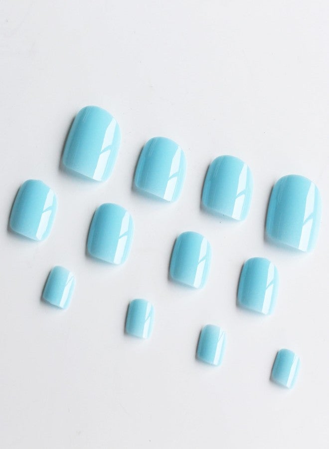 KXAMELIE Solid Color Blue Press on Toenails for Women, Glossy Fake Toenail Press ons Short Square Acrylic Press on Toe Nails, Reusable Sky Blue Toenails Glue on Natural Seamless Fit, 24Pcs Glue Toenails - Image 5