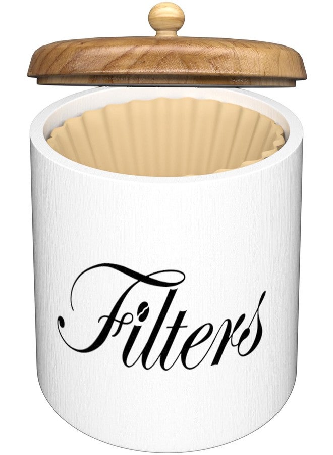CORTNK Coffee Filter Holder, Wooden Coffee Filter Storage with Lid, Round Coffee Filter Container for Counter, Rustic Farmhouse Coffee Bar Accessories Decor (White) - Image 1