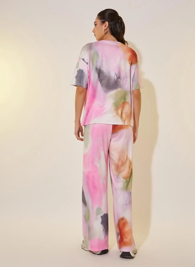 Take Two Tie and Dye Print Dropped Shoulder T-Shirt and Pants Co-Ords