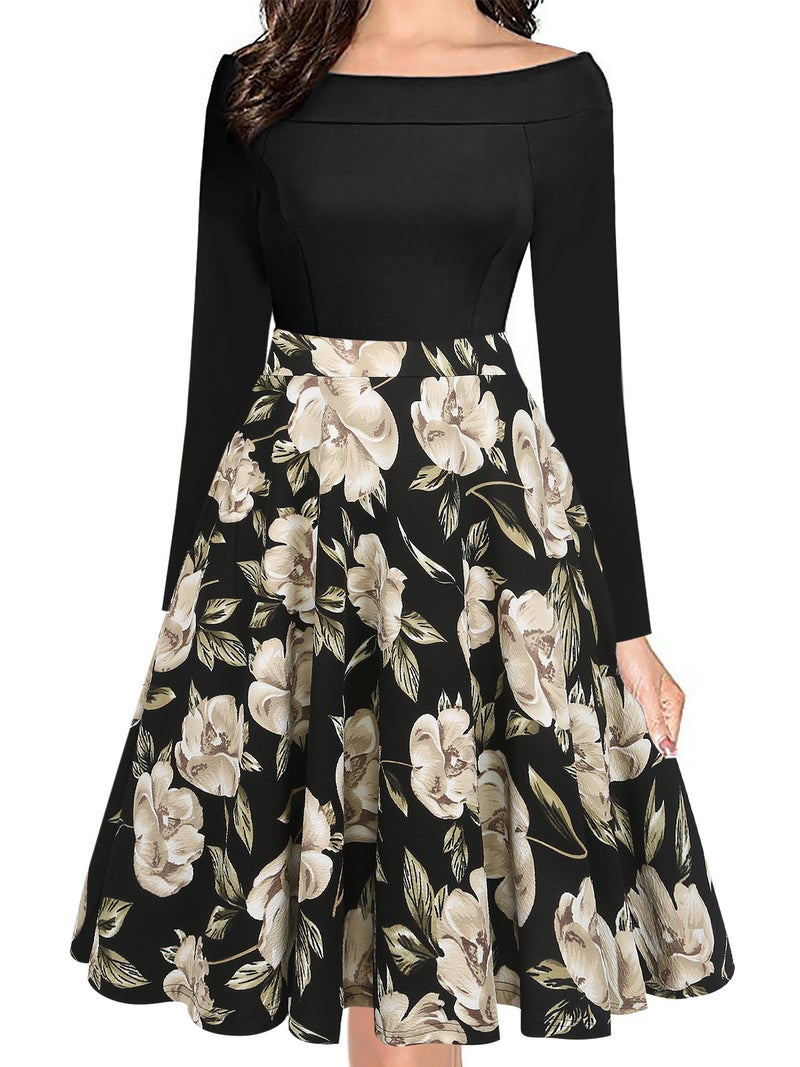 Vintage Polka Dot Off Shoulder Long Sleeve Fitted Pocket Flared Dress - Image 1