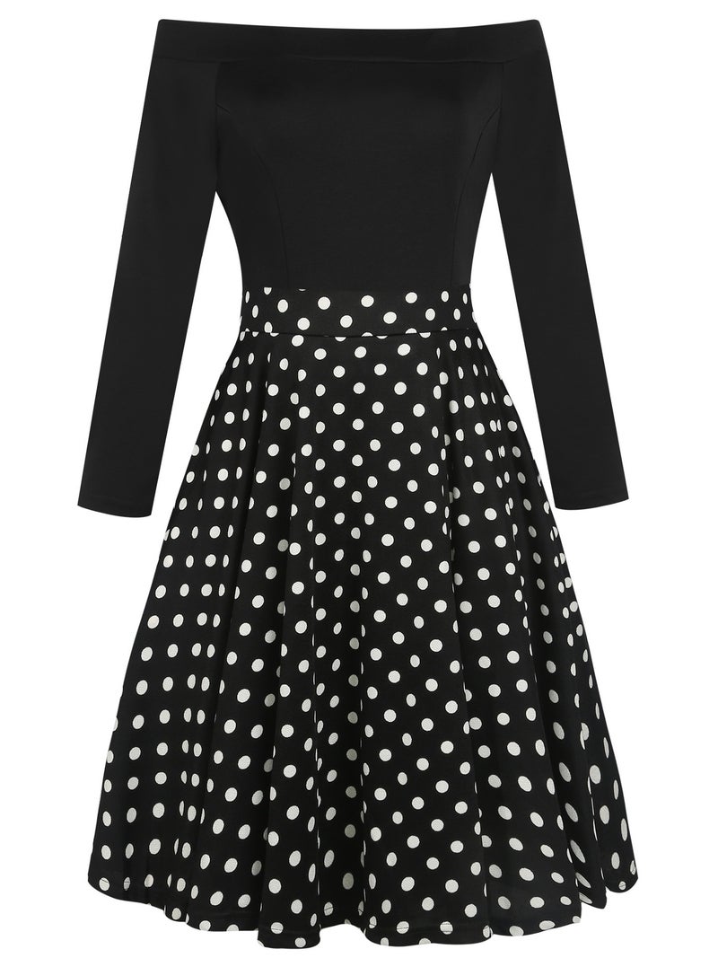 Vintage Polka Dot Off Shoulder Long Sleeve Fitted Pocket Flared Dress - Image 5