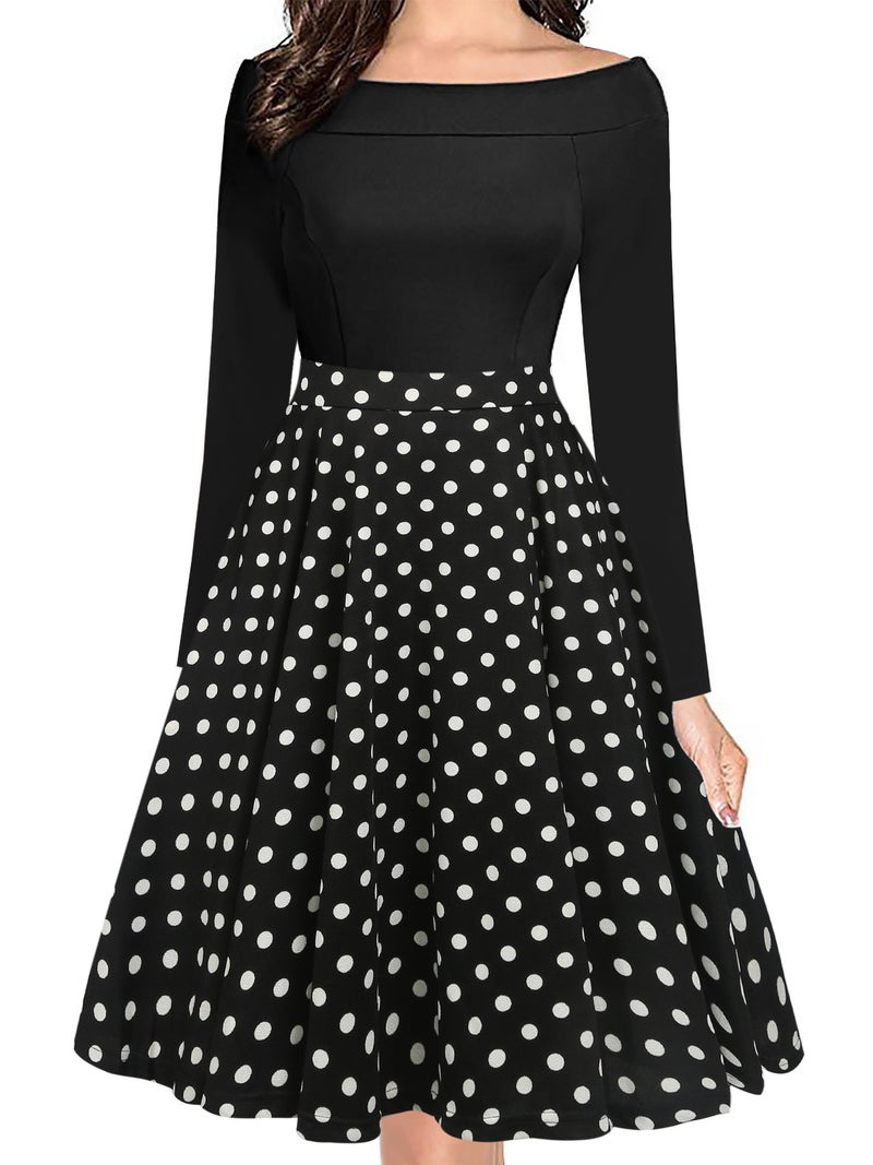 Vintage Polka Dot Off Shoulder Long Sleeve Fitted Pocket Flared Dress - Image 3