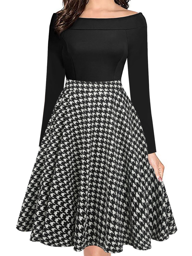 Vintage Polka Dot Off Shoulder Long Sleeve Fitted Pocket Flared Dress - Image 2