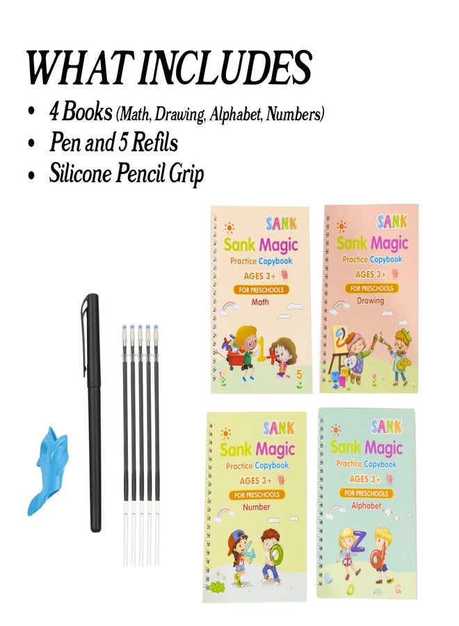 Stencil Stop كتاب تدريب سحري قابل لإعادة الاستخدام لتعليم الأطفال، كتاب تدريب على رسم الحروف والأرقام والرياضيات (عبوة من 4) - كتاب تتبع الحروف لتعليم الكتابة اليدوية للأطفال - مع أقلام ومقبض للكتابة اليدوية - Image 2