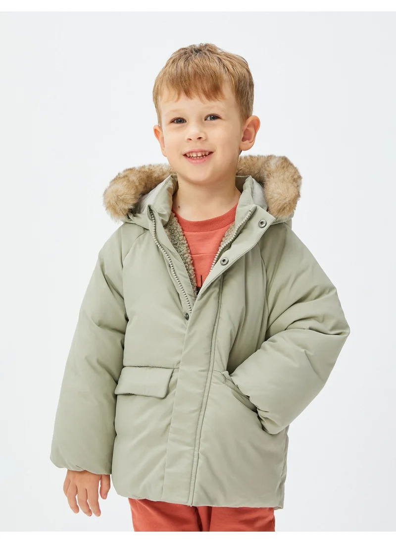 KOTON Hooded Coat Plush Lined Padded Pocket