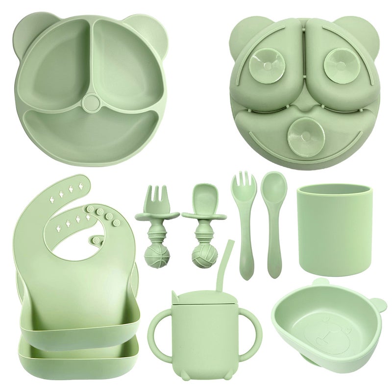 Silicone Baby Dining Set Soft Bib Bowl SpoonDark Green -10 pieces-bear plate +2 bibs + bear bowl + sippy cup + straight Cup + long and short fork spoon Dark Green -10 pieces-bear plate +2 bibs + bear bowl + sippy cup + straight Cup + long and short fork spoon