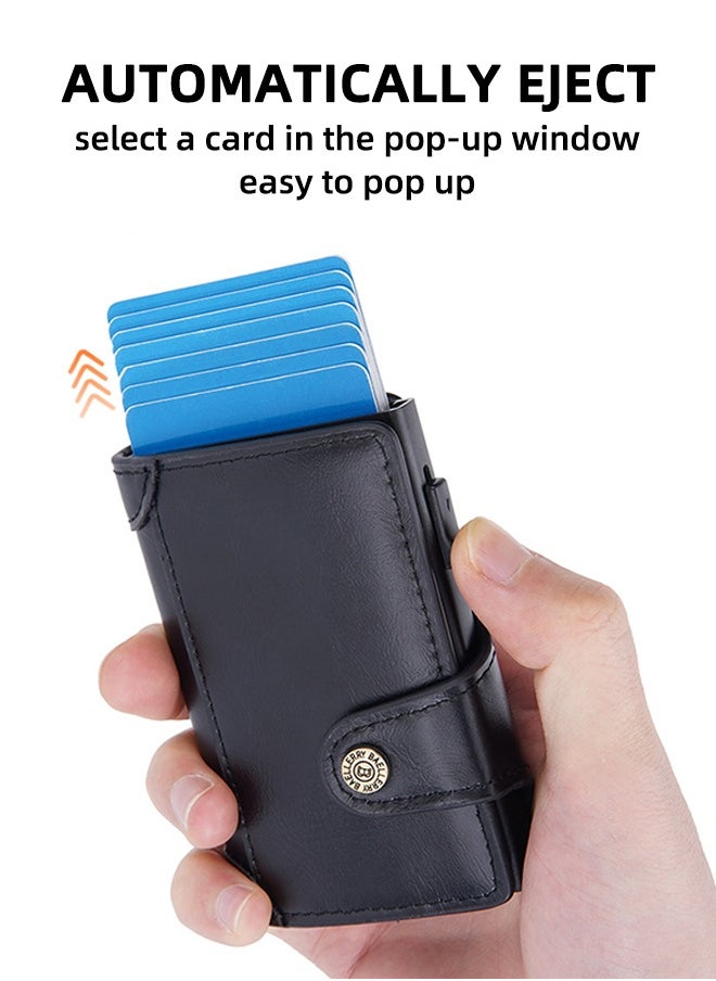 baellerry Men's Card Holder RFID Anti-magnetic Side Push Card Aluminum Box Buckle Retro Card Holder Men Large Capacity Luxury Waxed Leather Clutch Wallet Multi-Card Storage Bag  - Image 4