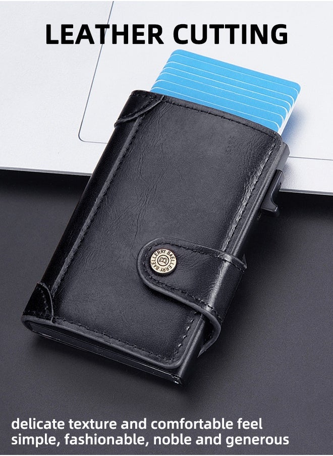 baellerry Men's Card Holder RFID Anti-magnetic Side Push Card Aluminum Box Buckle Retro Card Holder Men Large Capacity Luxury Waxed Leather Clutch Wallet Multi-Card Storage Bag  - Image 2