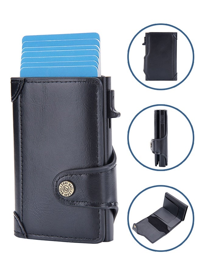 baellerry Men's Card Holder RFID Anti-magnetic Side Push Card Aluminum Box Buckle Retro Card Holder Men Large Capacity Luxury Waxed Leather Clutch Wallet Multi-Card Storage Bag  - Image 1