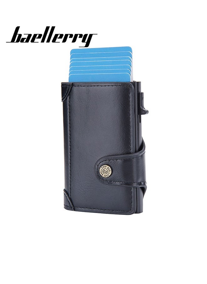 baellerry - Men's Card Holder RFID Anti-magnetic Side Push Card Aluminum Box Buckle Retro Card Holder Men Large Capacity Luxury Waxed Leather Clutch Wallet Multi-Card Storage Bag - Image 1