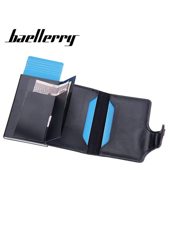 baellerry - Men's Card Holder RFID Anti-magnetic Side Push Card Aluminum Box Buckle Retro Card Holder Men Large Capacity Luxury Waxed Leather Clutch Wallet Multi-Card Storage Bag - Image 1