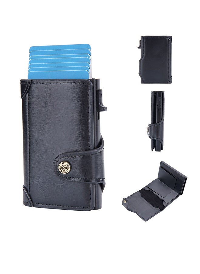 baellerry - Men's Card Holder RFID Anti-magnetic Side Push Card Aluminum Box Buckle Retro Card Holder Men Large Capacity Luxury Waxed Leather Clutch Wallet Multi-Card Storage Bag - Image 1
