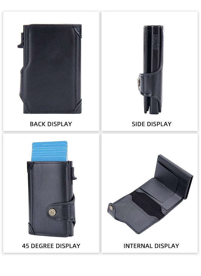 baellerry - Men's Card Holder RFID Anti-magnetic Side Push Card Aluminum Box Buckle Retro Card Holder Men Large Capacity Luxury Waxed Leather Clutch Wallet Multi-Card Storage Bag - Image 1