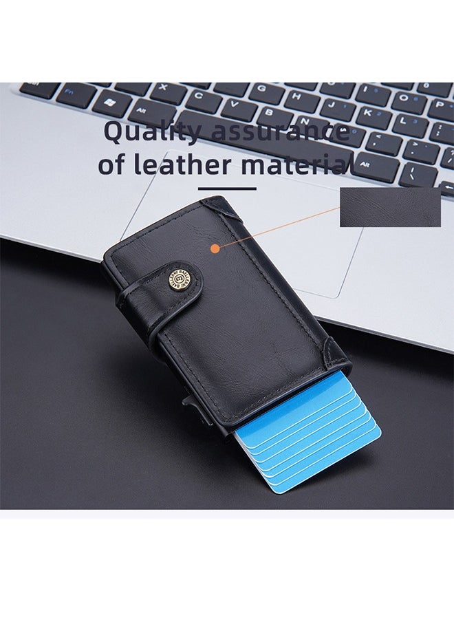 baellerry - Men's Card Holder RFID Anti-magnetic Side Push Card Aluminum Box Buckle Retro Card Holder Men Large Capacity Luxury Waxed Leather Clutch Wallet Multi-Card Storage Bag - Image 1