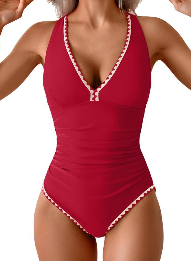 B2prity One Piece Swimsuit for Women Tummy Control Ruched Bathing Suit Push Up Tie Back Swimwear Shell Stitched, Red, White, L - Image 1