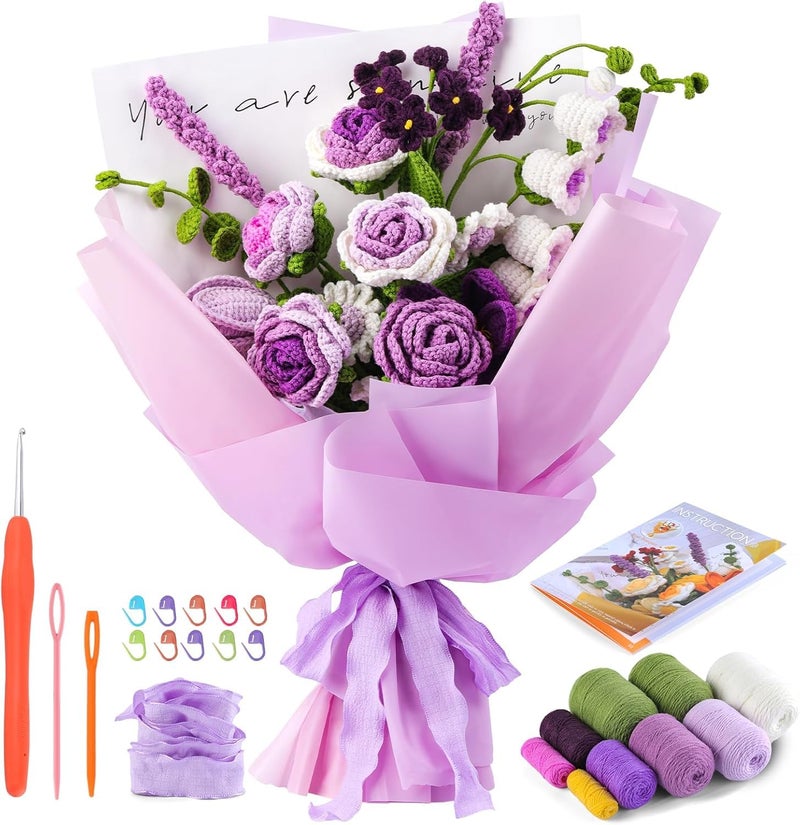 Tusmad Crochet Kit for Beginners Flower Bouquet Crochet Kit Rose Crochet Starter Kit for Beginners with StepbyStep Video Tutorials for Birthday Anniversary Day Present Home Decor Purple