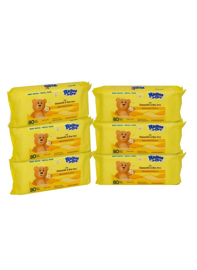 Ricitos de Oro - Baby Wipes Chamomile And Aloe Vera Refillable Baby Wipes Moisturize And Clean Baby Lightly Scented Hypoallergenic Alcoholfee 6Pack Of 80 Wipes Each One (480 Wipes) - Image 1