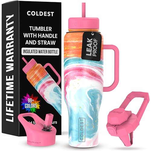 THE COLDEST WATER Coldest Tumbler with Handle and Straw - 100% Leak Proof Insulated Tumbler with Lid and Straw (3 Lids) - Stainless Steel Tumblers for Women & Men - Cup Holder Friendly Base, 46 oz (Amethyst) - Image 1