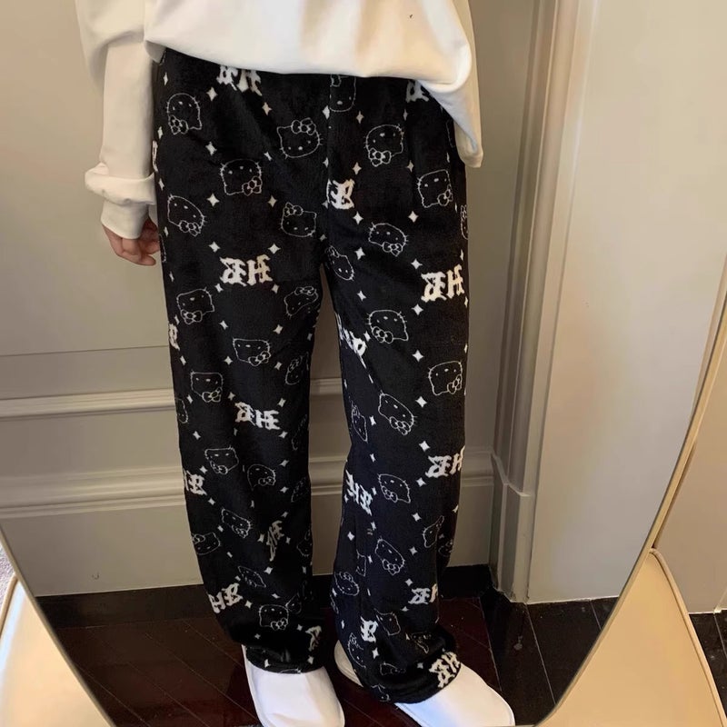 بنطلون بيجاما نسائي دافئ من الفلانيل لخريف وشتاء مع تصميم قطة لطيفة، بنطلونات منزلية فضفاضة وعادية للمشي، باتمان - Image 3