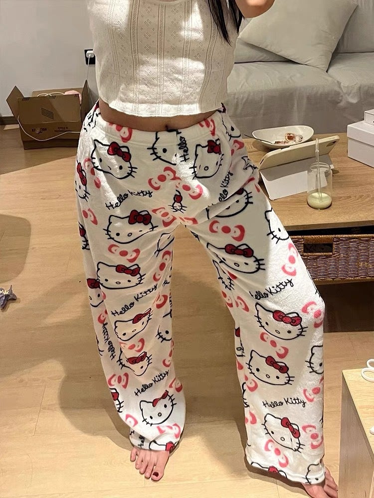 بنطلون بيجاما نسائي دافئ من الفلانيل لخريف وشتاء مع تصميم قطة لطيفة، بنطلونات منزلية فضفاضة وعادية للمشي، باتمان - Image 5