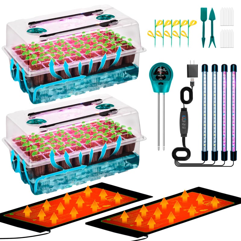 Hugbow Self-Watering Seed Starter Tray with Grow Light and Heat Mat, 80-Cell Plant Starter Trays Seed Starter Kit, Seed Starter Tray for Seed Starting, Plant Germination & Seedling Growing, 2 Pack - Image 1