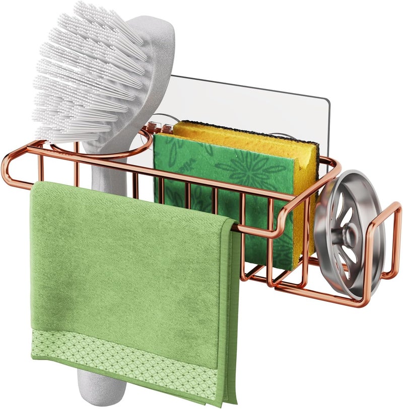 HapiRm Sponge Holder for Kitchen Sink, No Drill Kitchen Sink Caddy Organizer, Rustproof and Waterproof Dish Sponge Holder - Rose Gold - Image 1