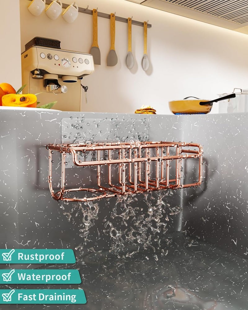 HapiRm Sponge Holder for Kitchen Sink, No Drill Kitchen Sink Caddy Organizer, Rustproof and Waterproof Dish Sponge Holder - Rose Gold - Image 4