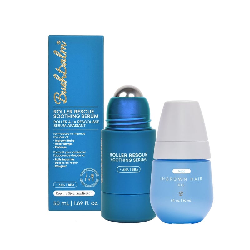 Bushbalm Ingrown Hair Roller Rescue And Nude Oil Bundle - Includes AHA & BHA - Exfoliating, Soothing, Cooling for Intimate Areas, Underarms - Helps With Razor Bumps and Ingrown Hairs, Blue - Image 1