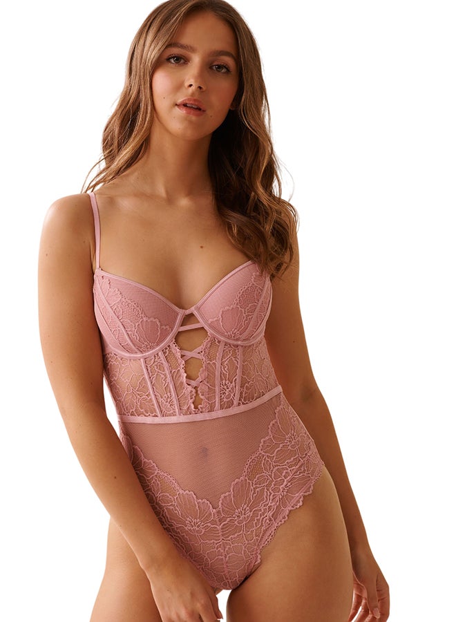 Floral Lace and Mesh Strappy Teddy