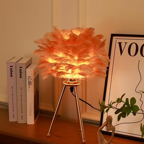 HOME ELEMENTS Feather,Metal Modern Feather Shade Table Lamp with Tripod Stand,LED Night Lamp for Bedroom Living Room Home Decor Warm Light Classic Bedside Desk Lamp Study Lamp Nightstand Lamp(Beige) - Image 2