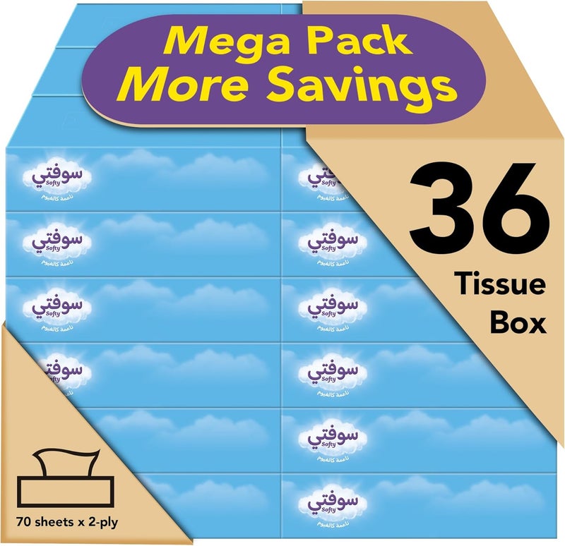 softy , Facial Tissue Box 2 - ply , (Pack of 4 + 2 Free x 70 Sheets) x 6, Economy Tissue Paper for Face & Hands - Image 1