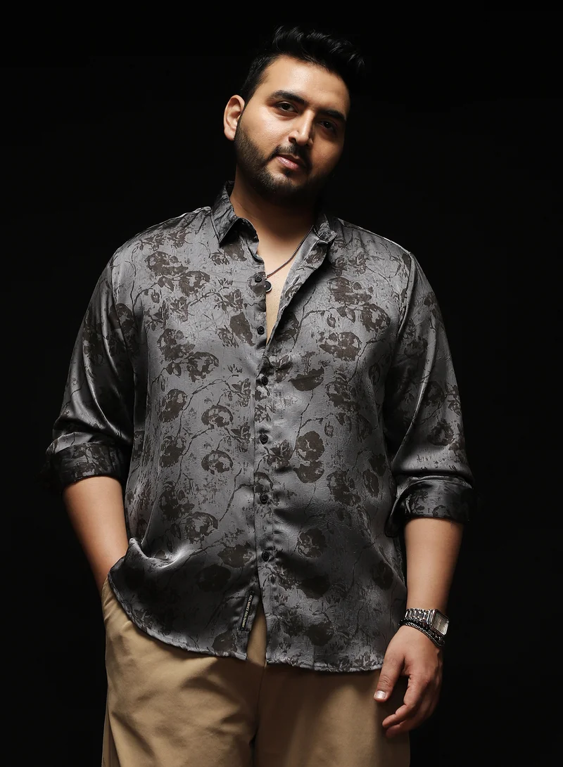 Instafab Plus Instafab Plus Men's Moon Grey Faded-Flora Jacquard Shirt | Spread Collar , Long Cuffed Sleeves , Button Closure , Curved Hemline | Botanical Jacquard Cotton-Blend Material For Casual & Evening Wear