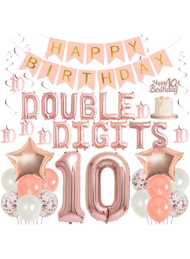 10Th Birthday Decoration Girl Rose Gold Double Digits 10 Birthday Decorations With Number 10 Balloons Hanging Swirls Cake Topper - Image 1